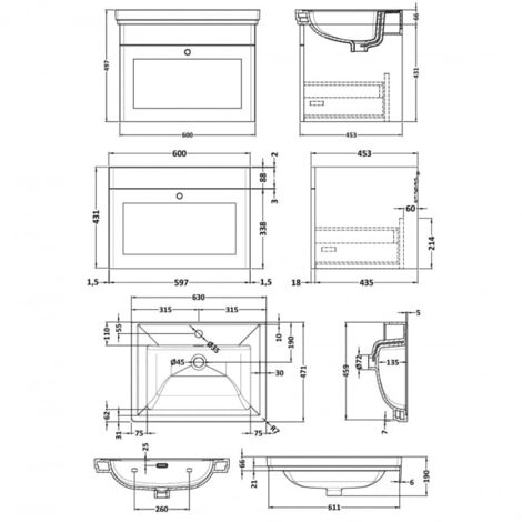 Nuie Classique Wall Hung 1 Drawer Vanity Unit With Basin 600mm Wide