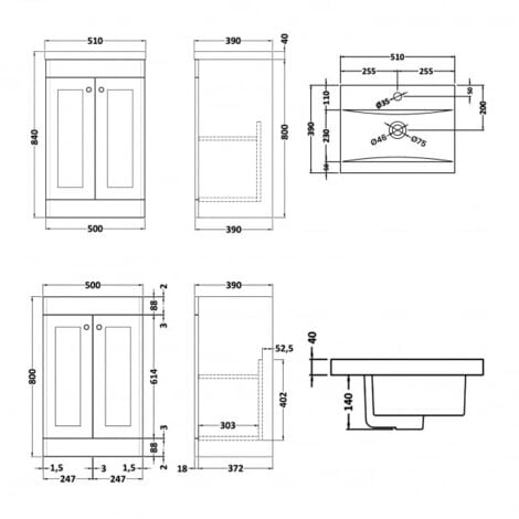 Nuie Classique Floor Standing 2 Door Vanity Unit With Basin 1 500mm