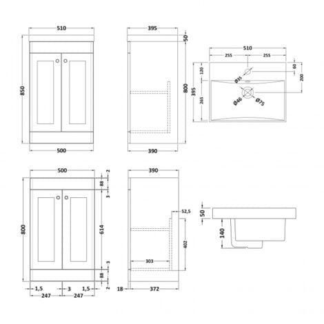 Nuie Classique Floor Standing Door Vanity Unit With Basin Mm