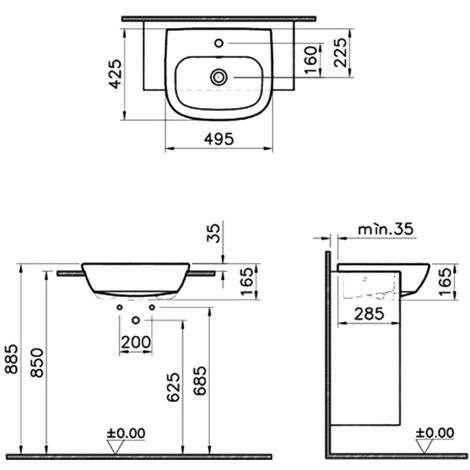 Vitra Zentrum Semi Recessed Washbasin 500mm Wide 1 Tap Hole