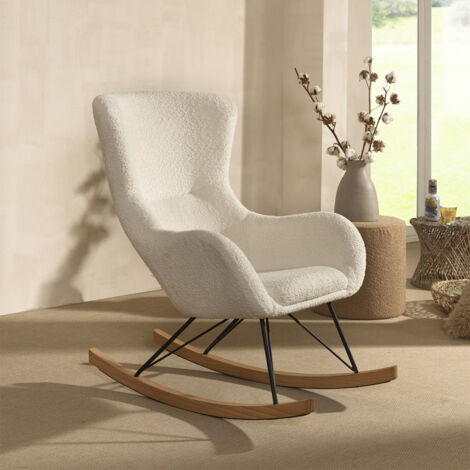 MOUTY Chaise à Bascule en Tissu Bouclette Blanc Pieds Bois et Métal