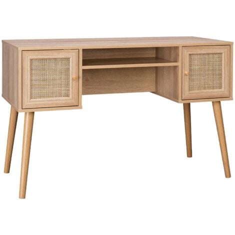 2 Door Desk With Wood And Cane Effect Boheme Natural 120x55x76 5 Cm