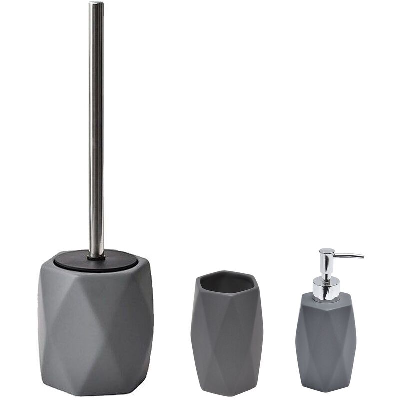 Juego de 3 espectaculares piezas de baño, un dispensador de jabón, un vaso de baño y un escobillero de color gris hechos en gres.
Juego de 3 espectaculares piezas de baño, un dispensador de jabón, un vaso de baño y un escobillero de color gris hechos en gres.
