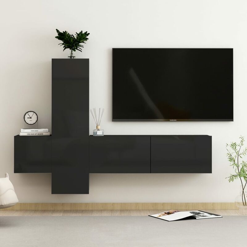 Juego de mueble para TV de 3 piezas aglomerado negro brillante 
Juego de mueble para TV de 3 piezas aglomerado negro brillante