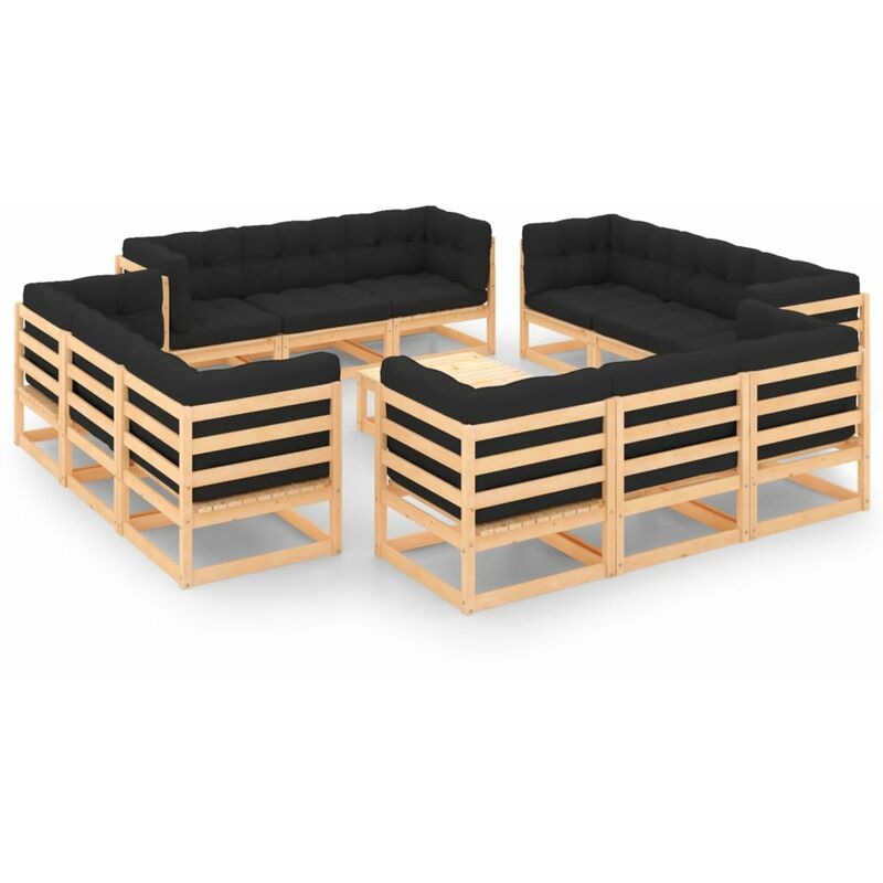 Juego de muebles de jardín 13 pzas y cojines madera pino maciza - Marrón