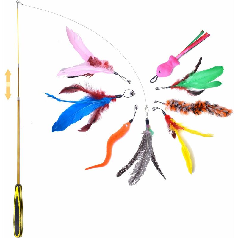 Juguete de plumas para gatos, juguete interactivo de caña de pescar retráctil con 8 recambios y una pieza de repuesto para gatos y gatitos con gancho
Juguete de plumas para gatos, juguete interactivo de caña de pescar retráctil con 8 recambios y una pieza de repuesto para gatos y gatitos con gancho