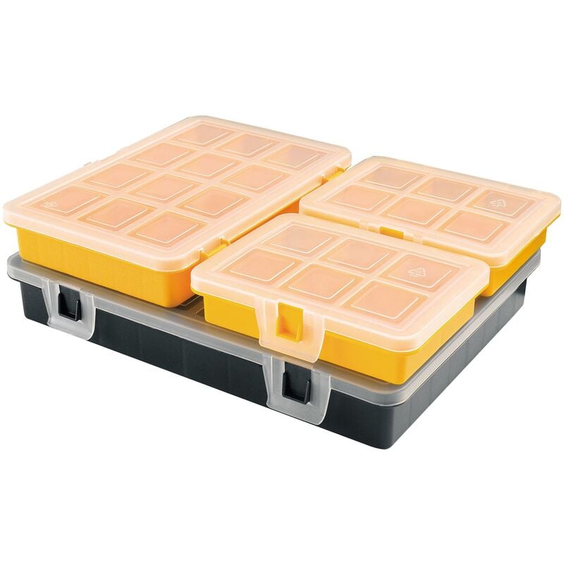 Kit de 4 organizadores mixtos con tapa transparente y compartimentos en el interior
Kit de 4 organizadores mixtos con tapa transparente y compartimentos en el interior