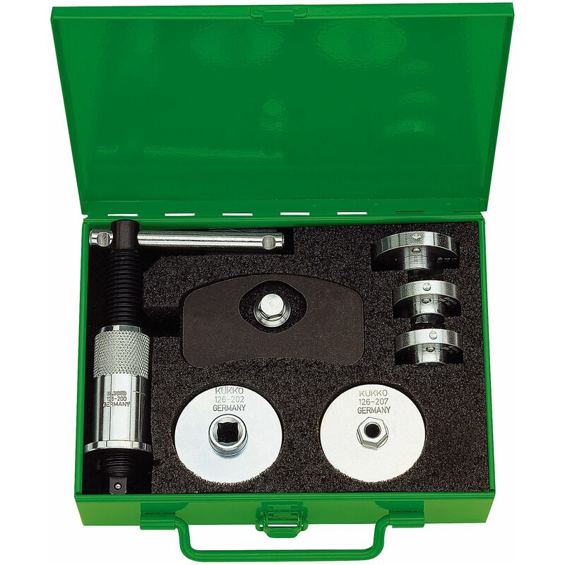 126-30 - Juego de herramientas para reposición de pistones de frenos de disco (10 piezas, con 7 adaptadores) - Kukko
126-30 - Juego de herramientas para reposición de pistones de frenos de disco (10 piezas, con 7 adaptadores) - Kukko