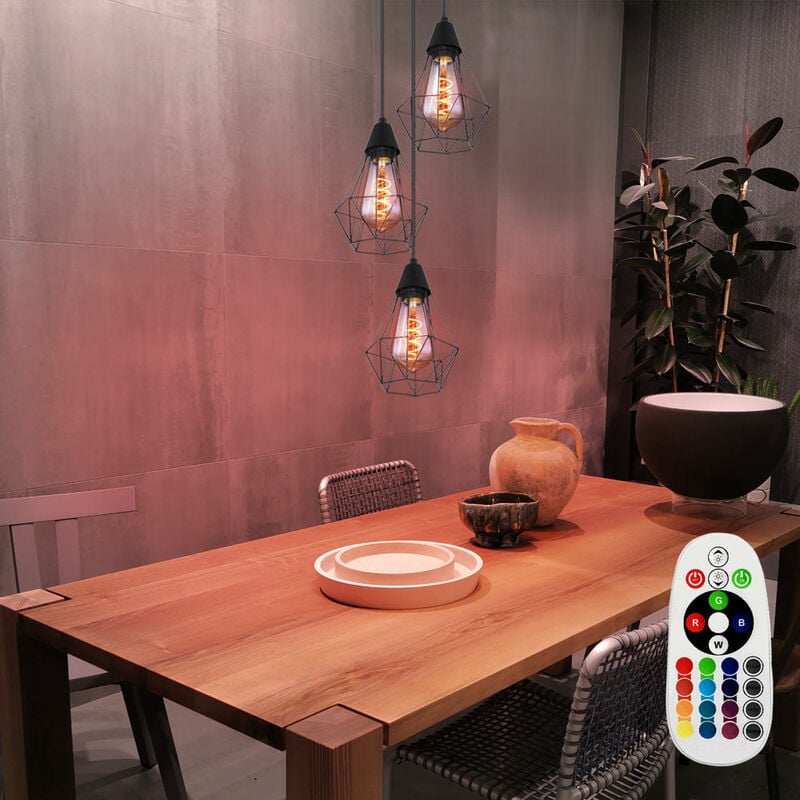 Lámpara colgante de techo retro lámpara colgante de jaula negra con control remoto regulable en un juego que incluye bombillas LED RGB
Lámpara colgante de techo retro lámpara colgante de jaula negra con control remoto regulable en un juego que incluye bombillas LED RGB