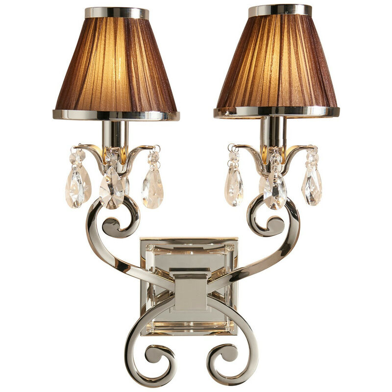 Interiors Oksana Nickel - Plato de níquel pulido con 2 luces de pared de vela gemela para interiores con pantallas de chocolate, E14
Interiors Oksana Nickel - Plato de níquel pulido con 2 luces de pared de vela gemela para interiores con pantallas de chocolate, E14