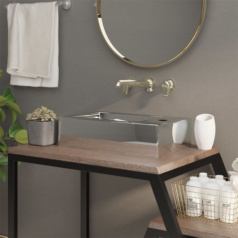 Lavabo con rebosadero 49x25x15 cm cerámica plateado - Plateado