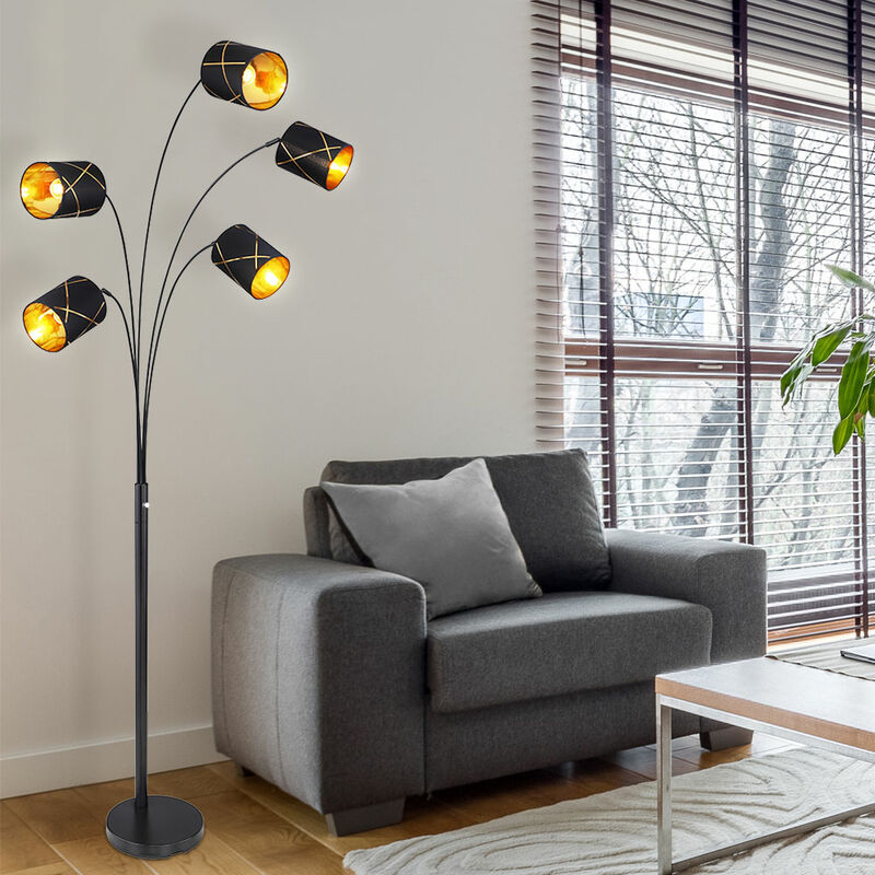 Lámpara de pie pantalla negra lámpara de pie de vestíbulo con pantallas de tela móviles, patrón de metal dorado, 5x E14, An x Al 130x204 cm 
Lámpara de pie pantalla negra lámpara de pie de vestíbulo con pantallas de tela móviles, patrón de metal dorado, 5x E14, An x Al 130x204 cm