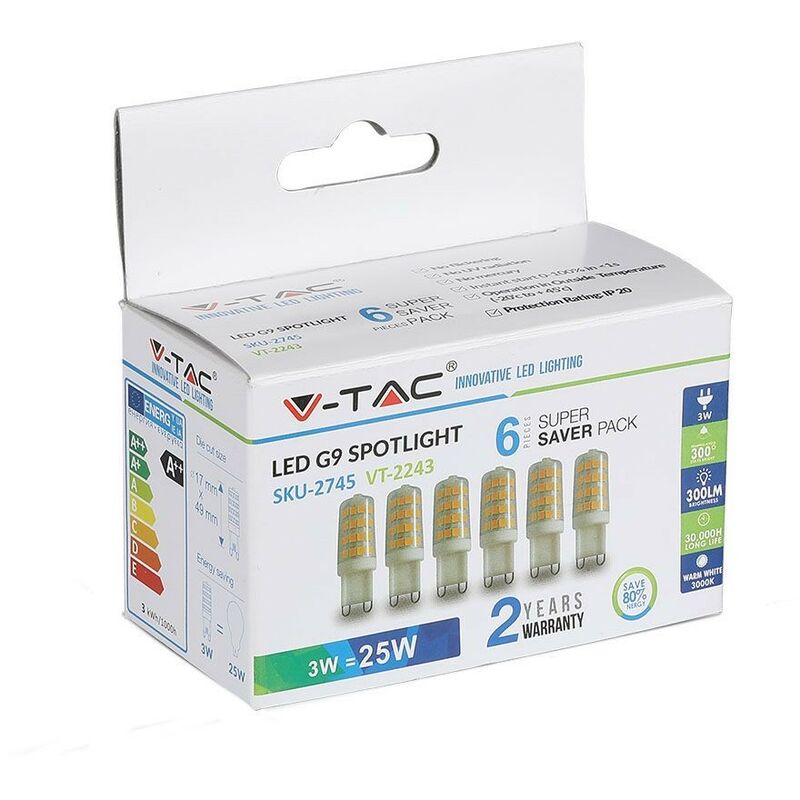 Lote De 6 Bombillas LED G9 3W Eq 25W Temperatura de color: Blanco frío 6400K - V-tac
Lote De 6 Bombillas LED G9 3W Eq 25W Temperatura de color: Blanco frío 6400K - V-tac