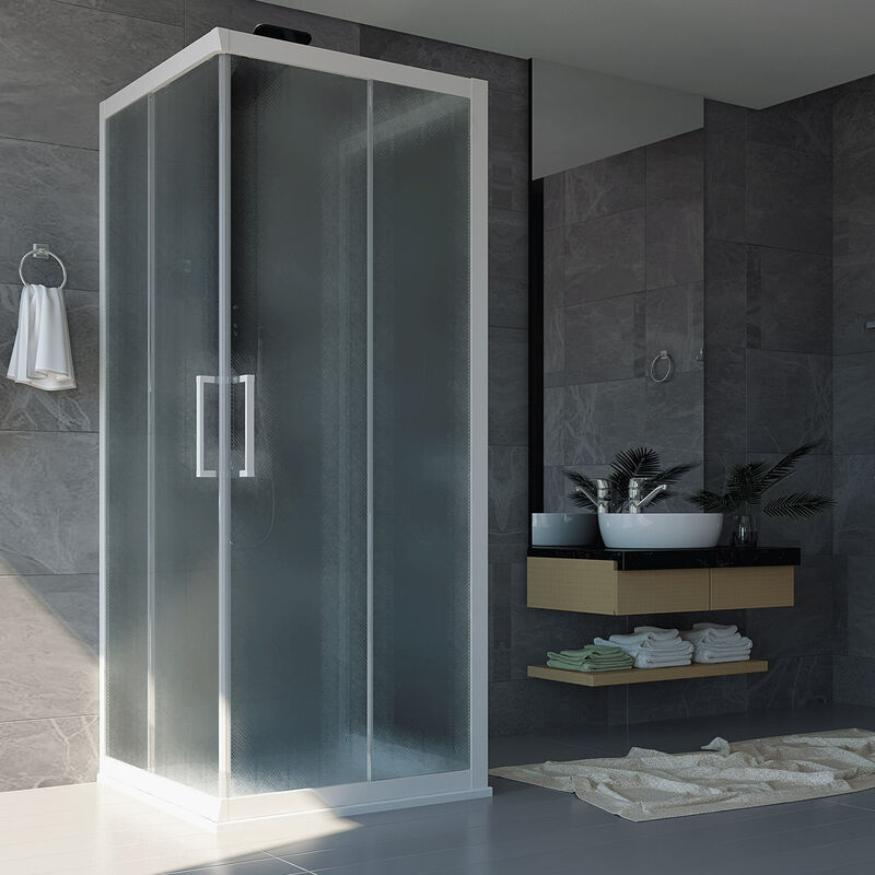 Mampara de ducha 3 lados de pvc perfil blanco h 190 mod. Lite 90x90x90 cm vidrio impreso 
Mampara de ducha 3 lados de pvc perfil blanco h 190 mod. Lite 90x90x90 cm vidrio impreso