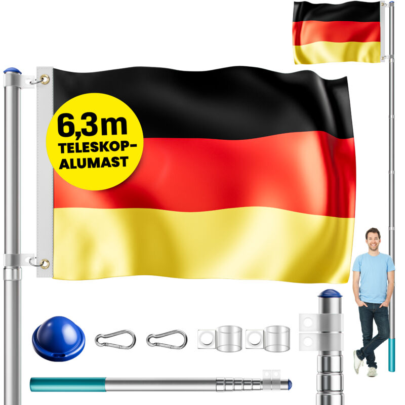 Mástil telescópico de Aluminio para Bandera 630cm con taco de suelo mosquetones y tapa final Bandera de Alemania incluida
Mástil telescópico de Aluminio para Bandera 630cm con taco de suelo mosquetones y tapa final Bandera de Alemania incluida