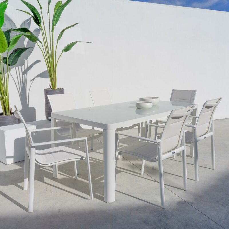 Lolahome - Mesa de jardín Stella de comedor de cristal y aluminio blanca de 180x90x75 cm
Lolahome - Mesa de jardín Stella de comedor de cristal y aluminio blanca de 180x90x75 cm