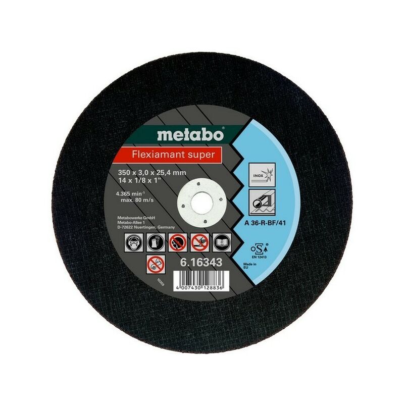Metabo - 616343000 Disco de tronzar plano Flexiamant Super A36-R inoxidable 350x3x25,4 mm (Envase 10 Ud)
Metabo - 616343000 Disco de tronzar plano Flexiamant Super A36-R inoxidable 350x3x25,4 mm (Envase 10 Ud)