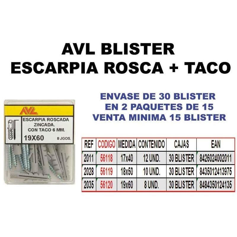 avl blister escarpia rosca zincada + taco 18x50 2028 (caja 15 unidades) - Mibricotienda
avl blister escarpia rosca zincada + taco 18x50 2028 (caja 15 unidades) - Mibricotienda