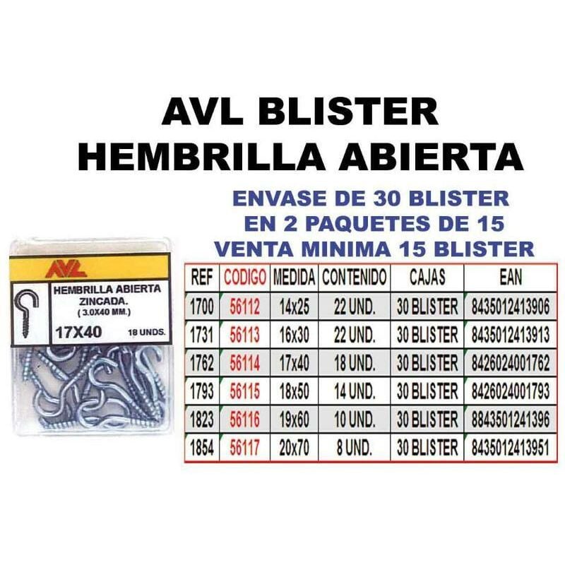 avl blister hembrilla abierta 14x25 zincada 1700 (caja 15 unidades) - Mibricotienda
avl blister hembrilla abierta 14x25 zincada 1700 (caja 15 unidades) - Mibricotienda