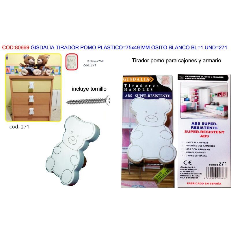 MIBRICOTIENDA gisdalia fs tirador pomo plast 75x49 mm osito blanco bl 1 ud 271
MIBRICOTIENDA gisdalia fs tirador pomo plast 75x49 mm osito blanco bl 1 ud 271