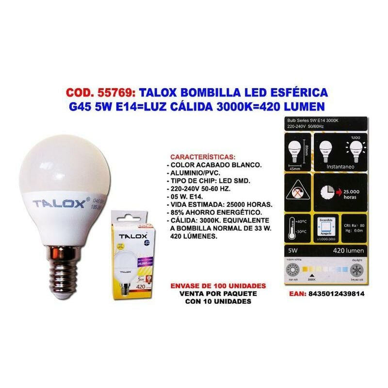 MIBRICOTIENDA talox bombilla led esferica g45 5w e14 l.calida 3000k 420 lumen (caja 10 unidades)
MIBRICOTIENDA talox bombilla led esferica g45 5w e14 l.calida 3000k 420 lumen (caja 10 unidades)