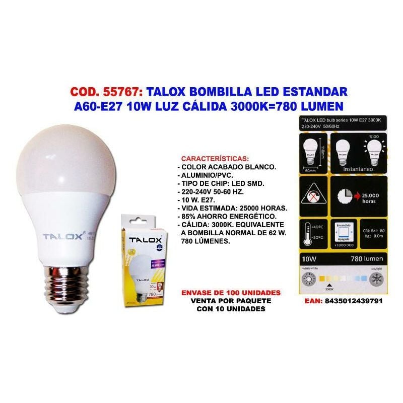 talox bombilla led estandar a60-e27 10w l.calida 3000k 780 lumen (caja 10 unidades) - Mibricotienda
talox bombilla led estandar a60-e27 10w l.calida 3000k 780 lumen (caja 10 unidades) - Mibricotienda
