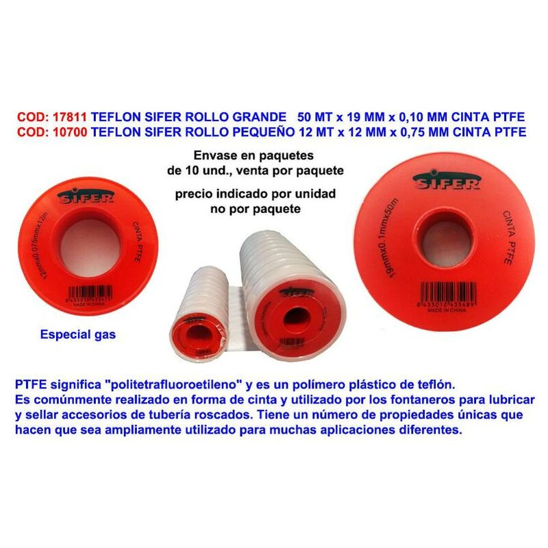 teflon sifer rollo grande 50 mt x 19 mm x 0,10 mm cinta ptfe (caja 10 unidades) - Mibricotienda
teflon sifer rollo grande 50 mt x 19 mm x 0,10 mm cinta ptfe (caja 10 unidades) - Mibricotienda