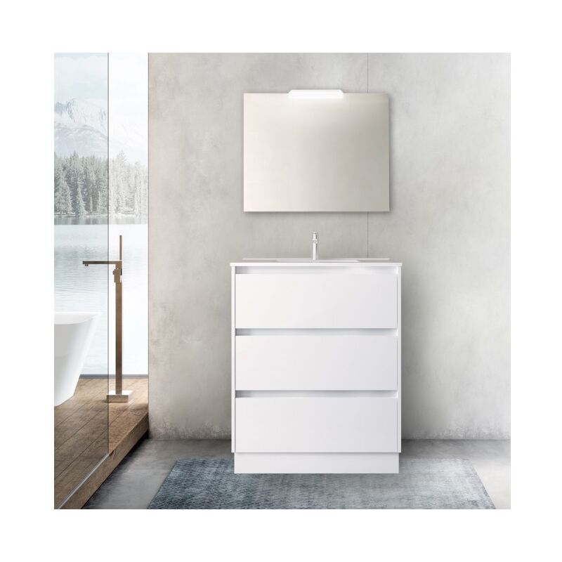 Mueble de baño de pie 80 cm de madera Blanco brillante con lavabo de porcelana | Con espejo y lámpara LED
Mueble de baño de pie 80 cm de madera Blanco brillante con lavabo de porcelana | Con espejo y lámpara LED