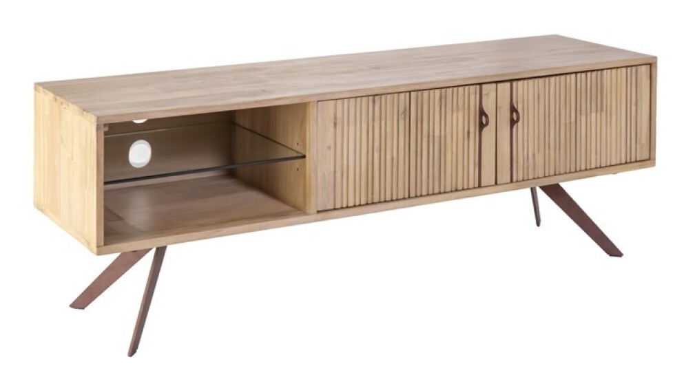 Mueble de televisión de madera de acacia con 2 puertas y un hueco con una balda de cristal. Patas metálicas de color óxido. Tiradores de color óxido.
Mueble de televisión de madera de acacia con 2 puertas y un hueco con una balda de cristal. Patas metálicas de color óxido. Tiradores de color óxido.