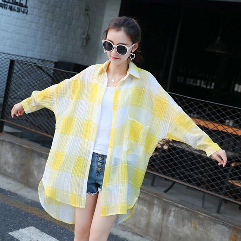 Mujeres sexy Camisa larga con estampado de cuadros Botones Manga larga Irregular Verano Casual Blusa suelta Top,Amarillo, S
Mujeres sexy Camisa larga con estampado de cuadros Botones Manga larga Irregular Verano Casual Blusa suelta Top,Amarillo, S