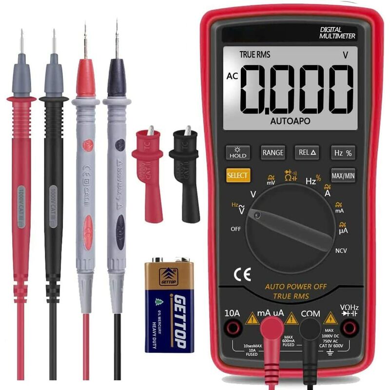 Multímetro digital, voltímetro digital, TRMS 6000 cuentas Auto-Raging DMM / ohmímetro / voltímetro 1.5V / 9v / 12v Probador de batería rojo
Multímetro digital, voltímetro digital, TRMS 6000 cuentas Auto-Raging DMM / ohmímetro / voltímetro 1.5V / 9v / 12v Probador de batería rojo