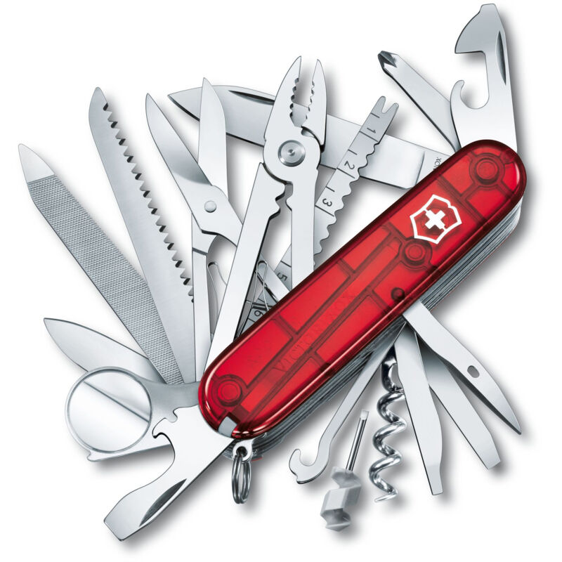 Navaja suiza Swiss Champ, 33 diferentes funciones, con pinzas, tijeras y lupa, 185 gr, color rojo transparente - Victorinox
Navaja suiza Swiss Champ, 33 diferentes funciones, con pinzas, tijeras y lupa, 185 gr, color rojo transparente - Victorinox