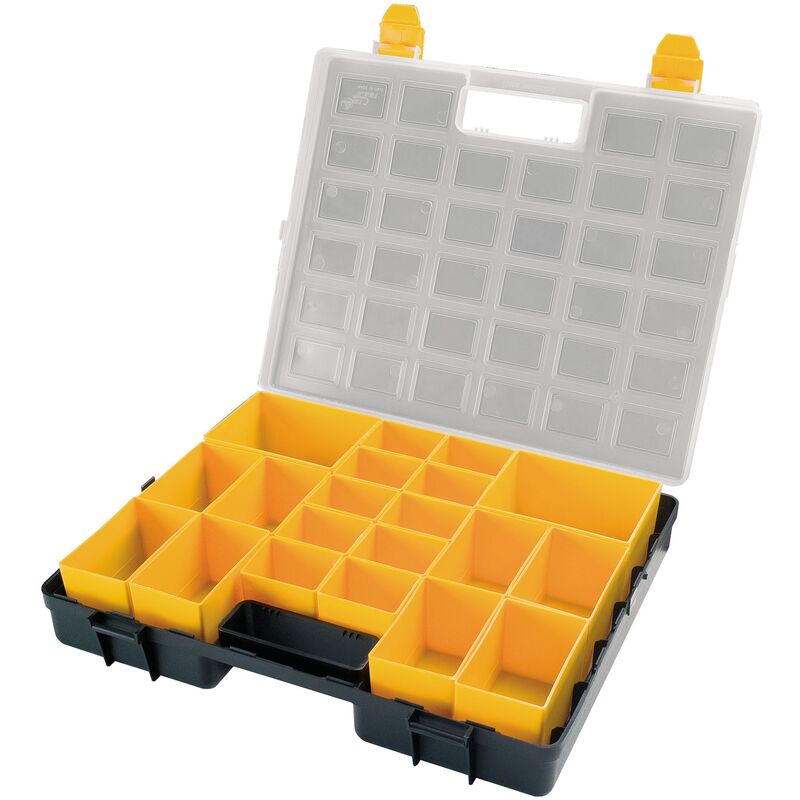 Organizador de plástico L372 x P314 x H70 mm con 2 cajas grandes extraíbles en el interior + 8 medianas + 10 pequeñas, tapa transparente
Organizador de plástico L372 x P314 x H70 mm con 2 cajas grandes extraíbles en el interior + 8 medianas + 10 pequeñas, tapa transparente