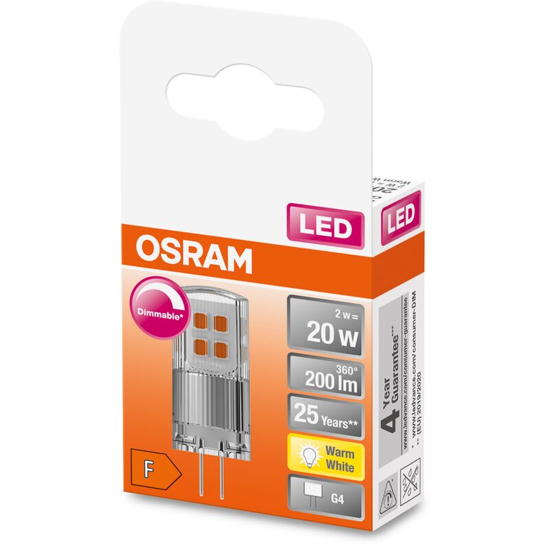 LED PIN 12 V DIM Bombilla LED G4, Regulable, 2W , 20W equivalente a, 2700 K , Blanco cálido - Osram
LED PIN 12 V DIM Bombilla LED G4, Regulable, 2W , 20W equivalente a, 2700 K , Blanco cálido - Osram