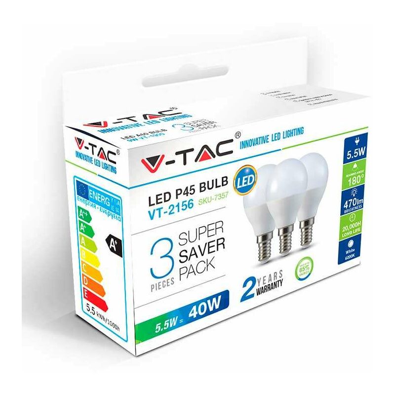 V-tac - Pack Ahorro 3 Ud - Bombilla led globo P45 E14 5.5W 180° Temperatura de color - 2700K Blanco cálido
V-tac - Pack Ahorro 3 Ud - Bombilla led globo P45 E14 5.5W 180° Temperatura de color - 2700K Blanco cálido