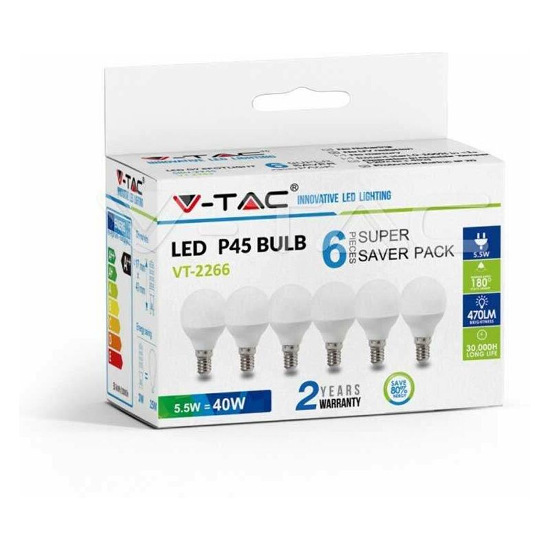 V-tac - Pack Ahorro 6 Ud - Bombilla LED globo P45 E14 5.5W 180° Temperatura de color - 2700K Blanco cálido
V-tac - Pack Ahorro 6 Ud - Bombilla LED globo P45 E14 5.5W 180° Temperatura de color - 2700K Blanco cálido