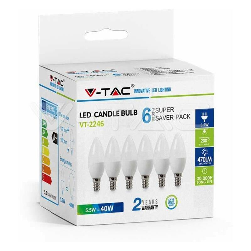 V-tac - Pack Ahorro 6 Ud - Bombilla LED vela E14 5.5W 200° tapa blanca Temperatura de color - 6400K Blanco frío
V-tac - Pack Ahorro 6 Ud - Bombilla LED vela E14 5.5W 200° tapa blanca Temperatura de color - 6400K Blanco frío