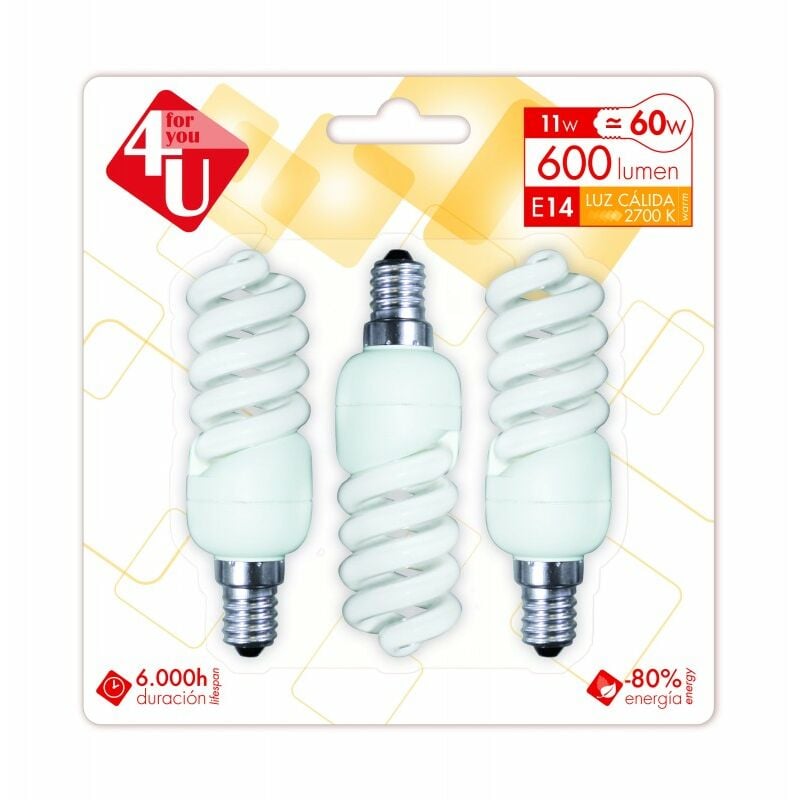 Pack de 5 4U Lighting, Bombilla Bajo Consumo Fluorescente T2 11W E14 600 L 2700K - Garza
Pack de 5 4U Lighting, Bombilla Bajo Consumo Fluorescente T2 11W E14 600 L 2700K - Garza