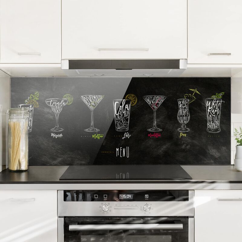 Panel antisalpicaduras de cristal - cocktail Menu - Panorámico Dimensión LxA: 50cm x 125cm
Panel antisalpicaduras de cristal - cocktail Menu - Panorámico Dimensión LxA: 50cm x 125cm