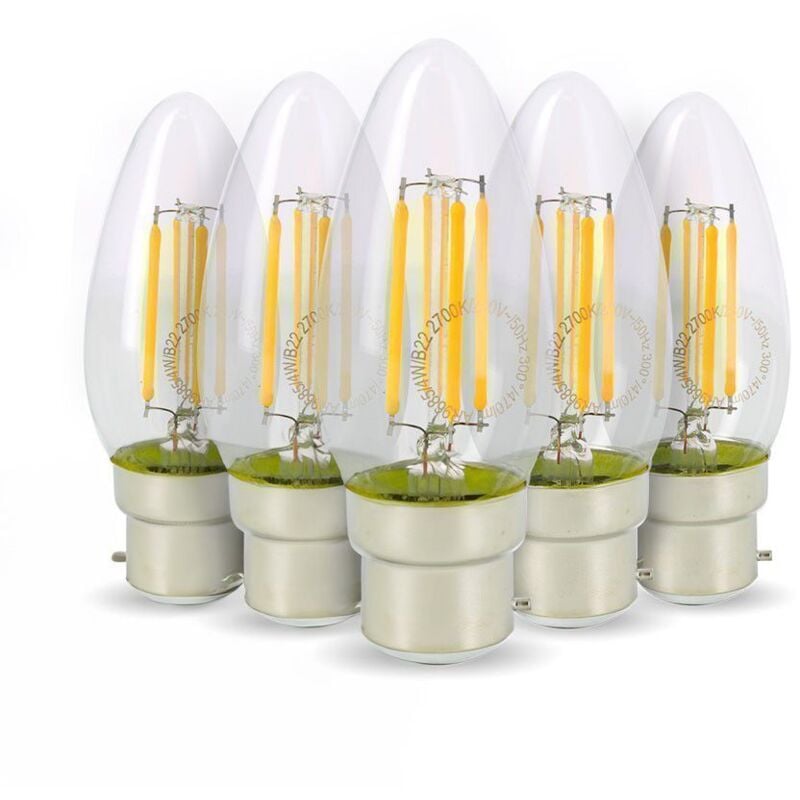 Conjunto de 5 bombillas LED de filamento de llama 4w eq. 40W Base B22 blanco cálido 2700K
Conjunto de 5 bombillas LED de filamento de llama 4w eq. 40W Base B22 blanco cálido 2700K