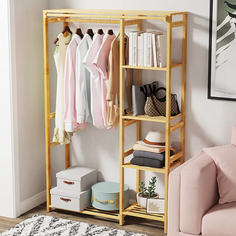 Perchero Burro de Bambú Recibidor Perchero con 1 Barra y 6 Estantes de Almacenamiento Perchero Multicolgador de Pie con Cortina para Ropa Zapatos 
Perchero Burro de Bambú Recibidor Perchero con 1 Barra y 6 Estantes de Almacenamiento Perchero Multicolgador de Pie con Cortina para Ropa Zapatos