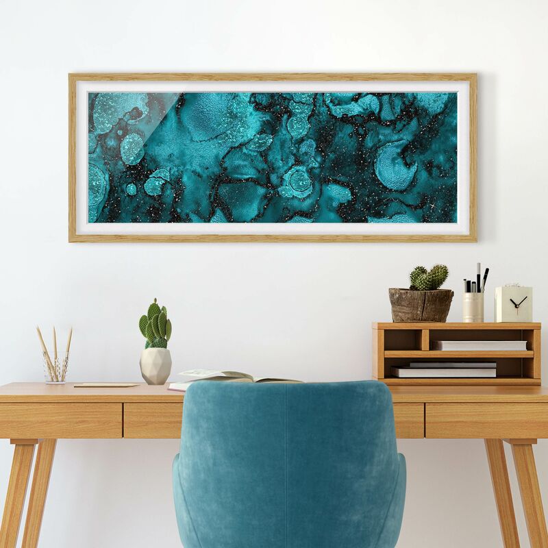 Póster enmarcado - Goccia del turchese con glitter Dimensión LxA: 50cm x 130cm, Marco: Roble
Póster enmarcado - Goccia del turchese con glitter Dimensión LxA: 50cm x 130cm, Marco: Roble