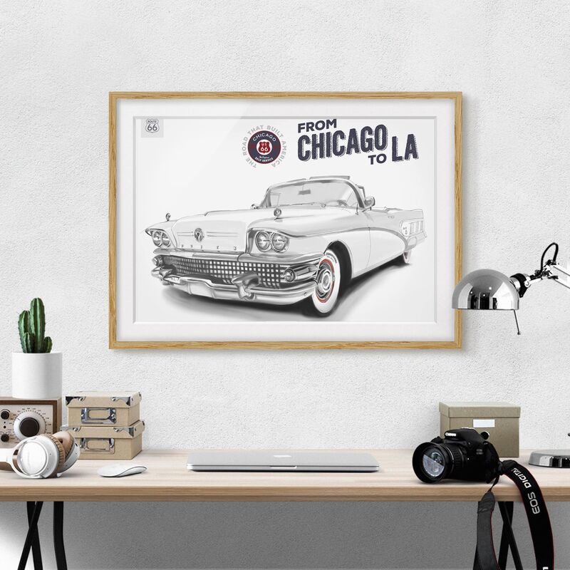 Póster enmarcado - Route 66 - Chicago Con Buick Dimensión LxA: 40cm x 55cm, Marco: Roble
Póster enmarcado - Route 66 - Chicago Con Buick Dimensión LxA: 40cm x 55cm, Marco: Roble