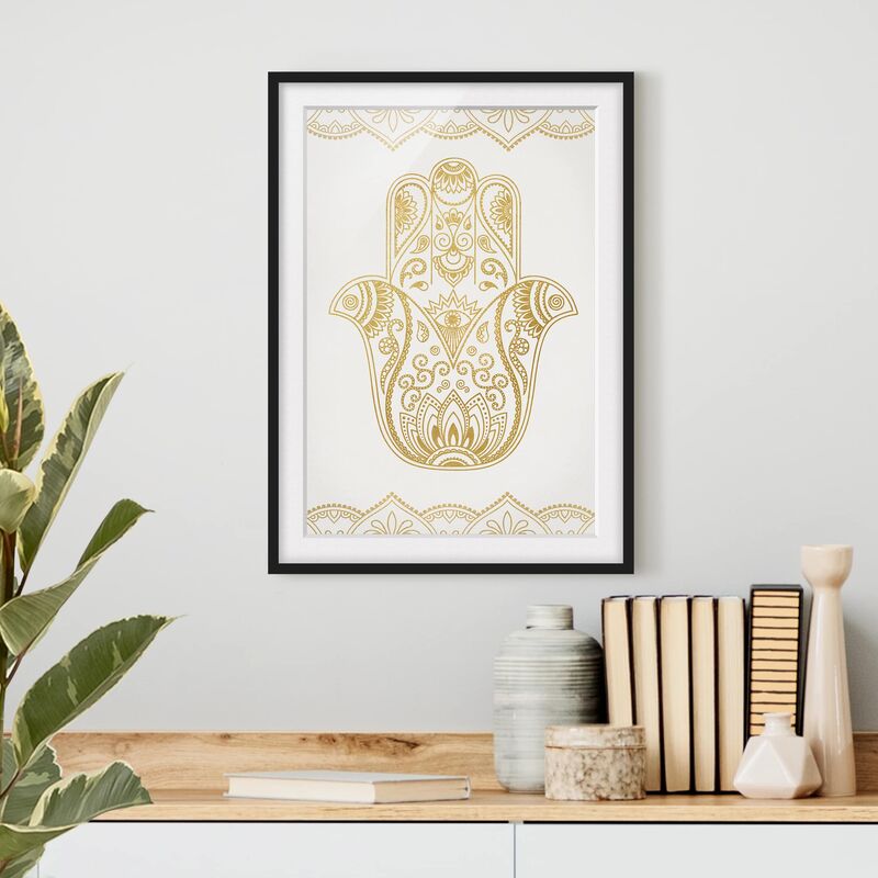 Póster enmarcado - Illustrazione Hamsa mano oro bianco Dimensión LxA: 70cm x 50cm, Marco: Negro
Póster enmarcado - Illustrazione Hamsa mano oro bianco Dimensión LxA: 70cm x 50cm, Marco: Negro