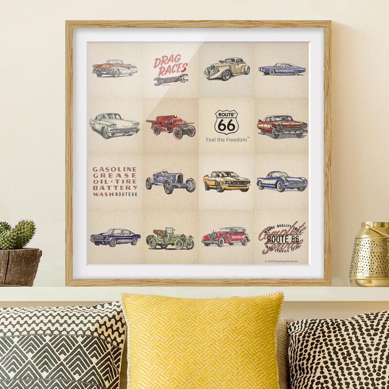 Póster enmarcado - Route 66 - Collage Vintage Dimensión LxA: 70cm x 70cm, Marco: Roble
Póster enmarcado - Route 66 - Collage Vintage Dimensión LxA: 70cm x 70cm, Marco: Roble