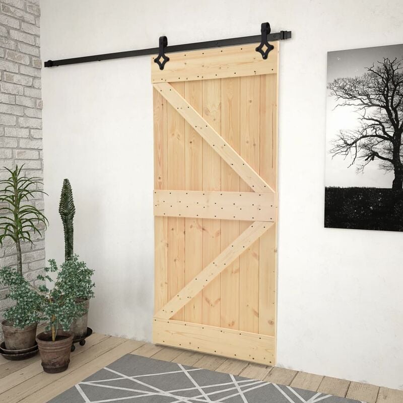 Puerta corredera con herrajes madera maciza de pino 90x210 cm - Marrón 
Puerta corredera con herrajes madera maciza de pino 90x210 cm - Marrón