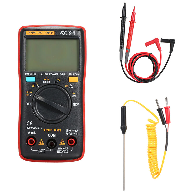 RM111 NCV Multimetro digital de verdadero valor eficaz, rango automatico 9999 cuentas Temperatura Luz de fondo Amperimetro de voltaje CA / CC
RM111 NCV Multimetro digital de verdadero valor eficaz, rango automatico 9999 cuentas Temperatura Luz de fondo Amperimetro de voltaje CA / CC