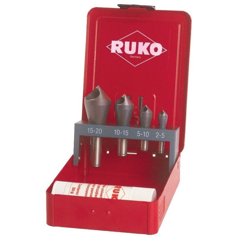 RUKO 102312E - Juego de 4 avellanadores-desbarbadores HSS-Co 5 + pasta de corte 30 grs.
RUKO 102312E - Juego de 4 avellanadores-desbarbadores HSS-Co 5 + pasta de corte 30 grs.