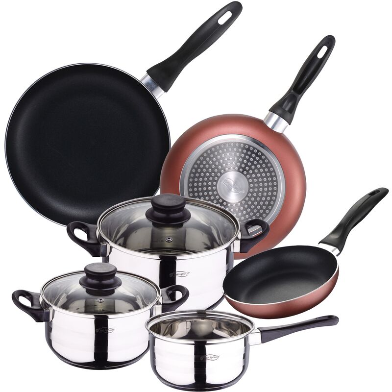 San Ignacio Set Batería de cocina de 5 piezas acero inoxidable + 3 sartenes Ø16/20/24 cm aluminio prensado, aptas para inducción
San Ignacio Set Batería de cocina de 5 piezas acero inoxidable + 3 sartenes Ø16/20/24 cm aluminio prensado, aptas para inducción