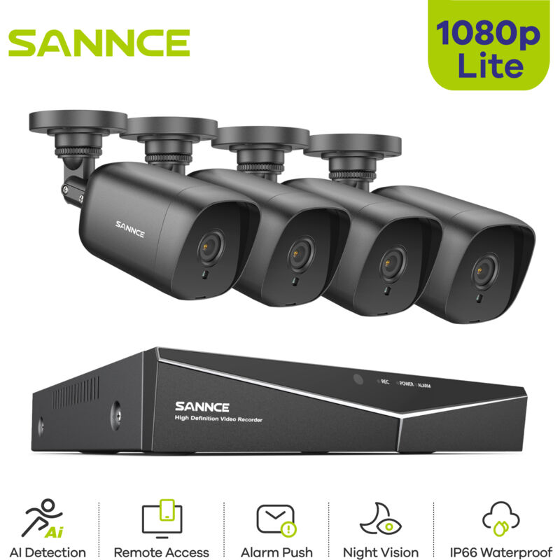 KIT sistema de CCTV 4CH TVI DVR + 4 cámara de vigilancia HD 1080P exterior visión nocturna de 20m – Sin disco duro - Sannce
KIT sistema de CCTV 4CH TVI DVR + 4 cámara de vigilancia HD 1080P exterior visión nocturna de 20m – Sin disco duro - Sannce